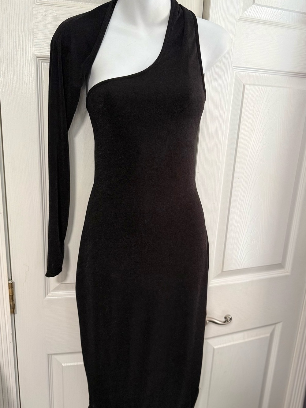 One-Shoulder Black Mini Dress with Draped Sleeve